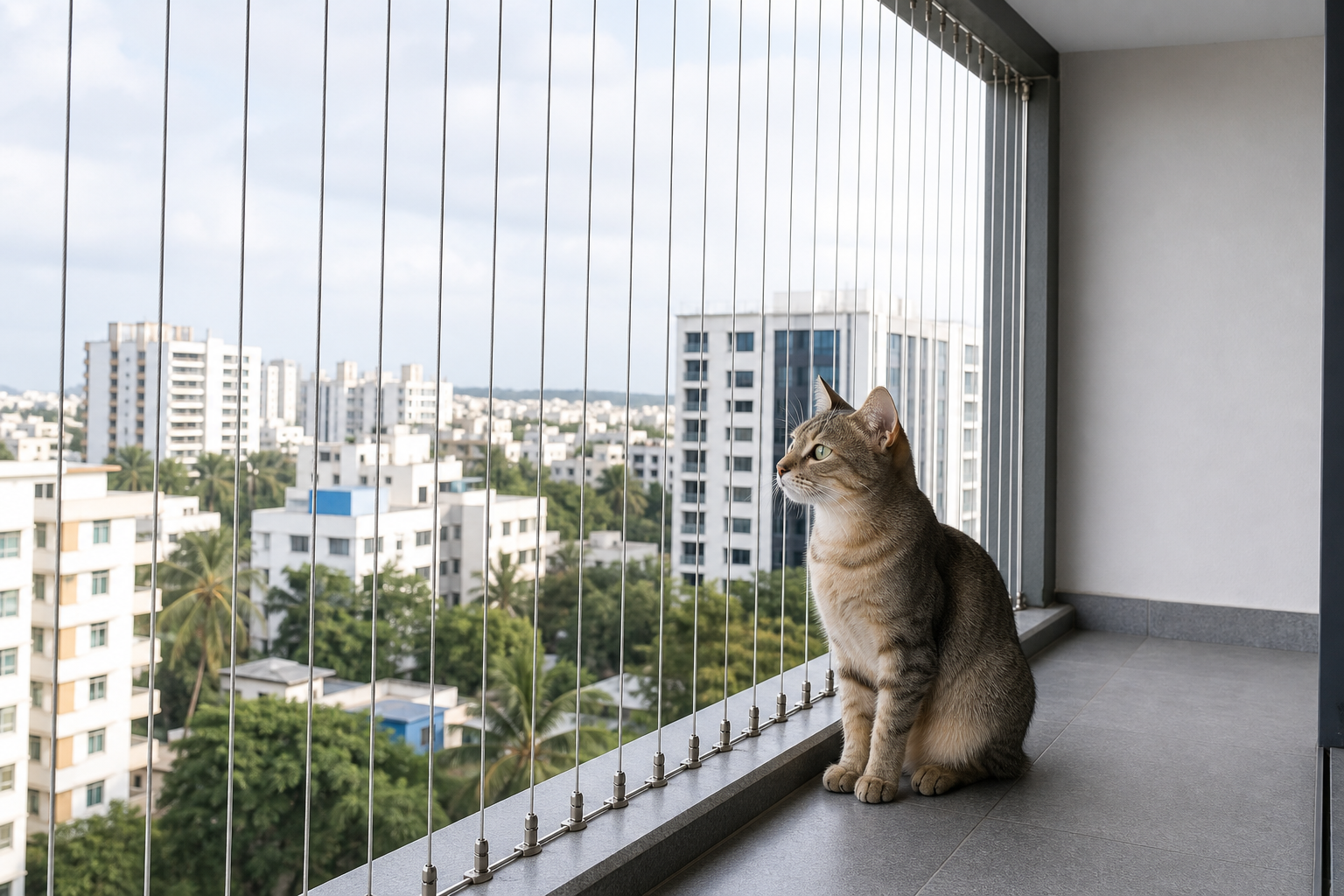 Cat protected by stainless-steel invisible grills on an apartment balcony
